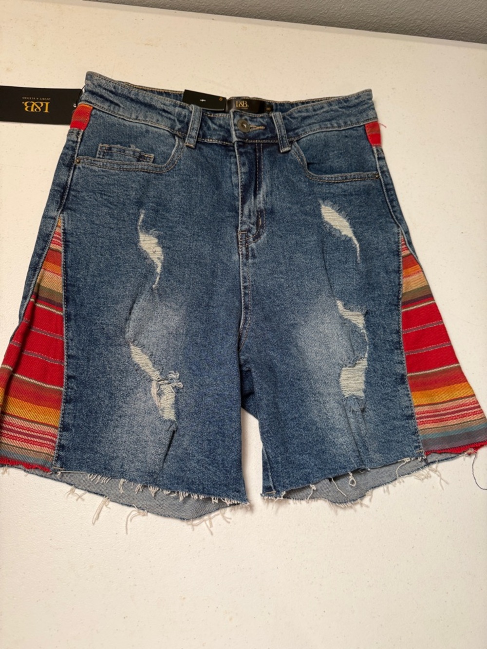Lucky & Blessed Distressed Blue Denim Shorts with Red Stripe Side Panels